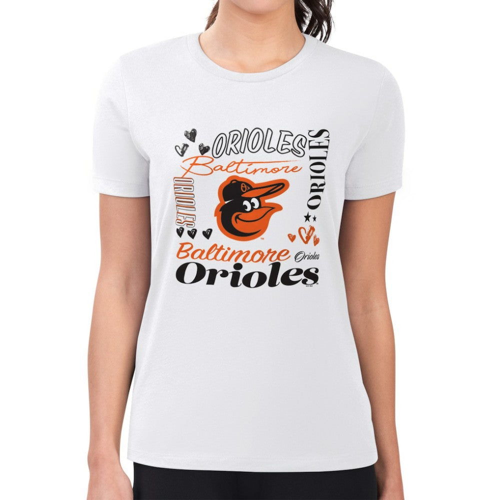 Baltimore Orioles G-III 4Her by Carl Banks Women's Super-Slim Fit Lightweight Collage Team Graphic Crew Neck T-Shirt Outlet