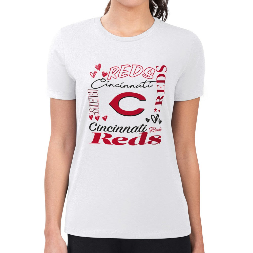 Cincinnati Reds G-III 4Her by Carl Banks Women's Super-Slim Fit Lightweight Collage Team Graphic Crew Neck T-Shirt Near Me