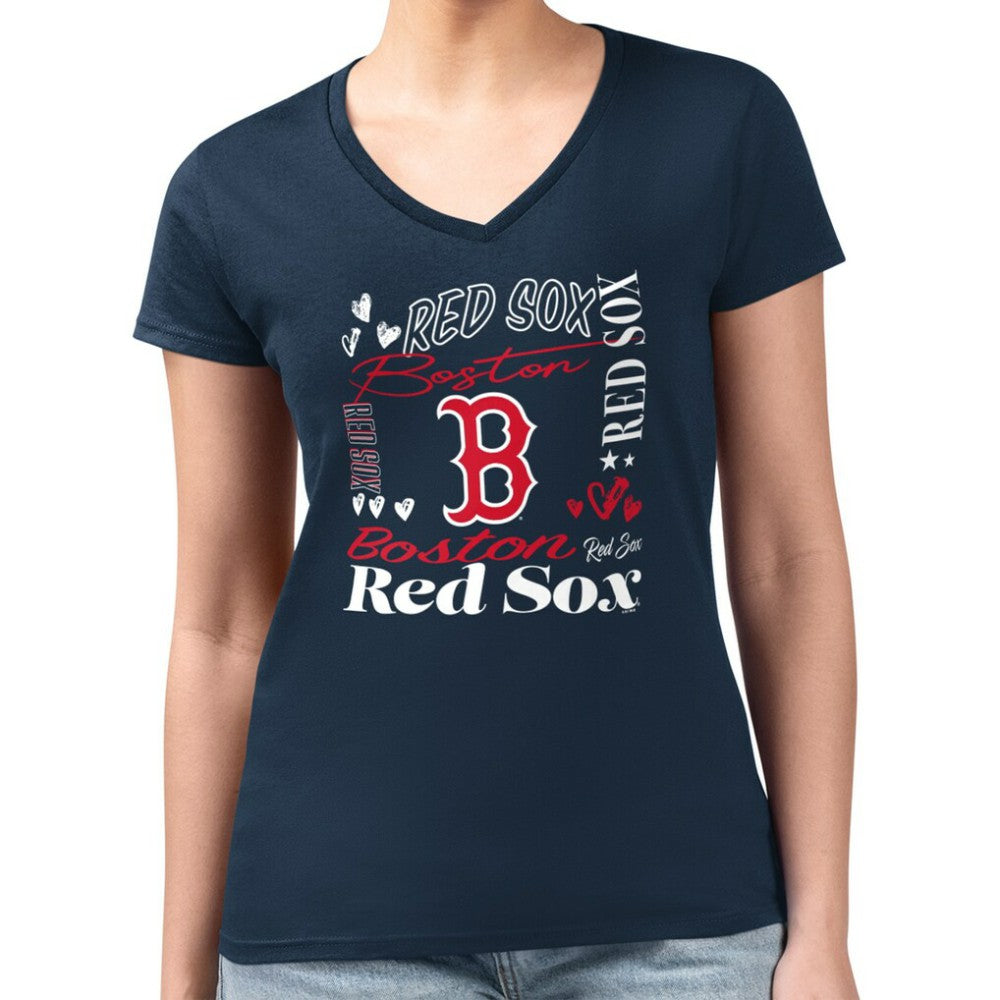 Boston Red Sox G-III 4Her by Carl Banks Women's Super-Slim Fit Lightweight Collage Team Graphic V-Neck T-Shirt Discount