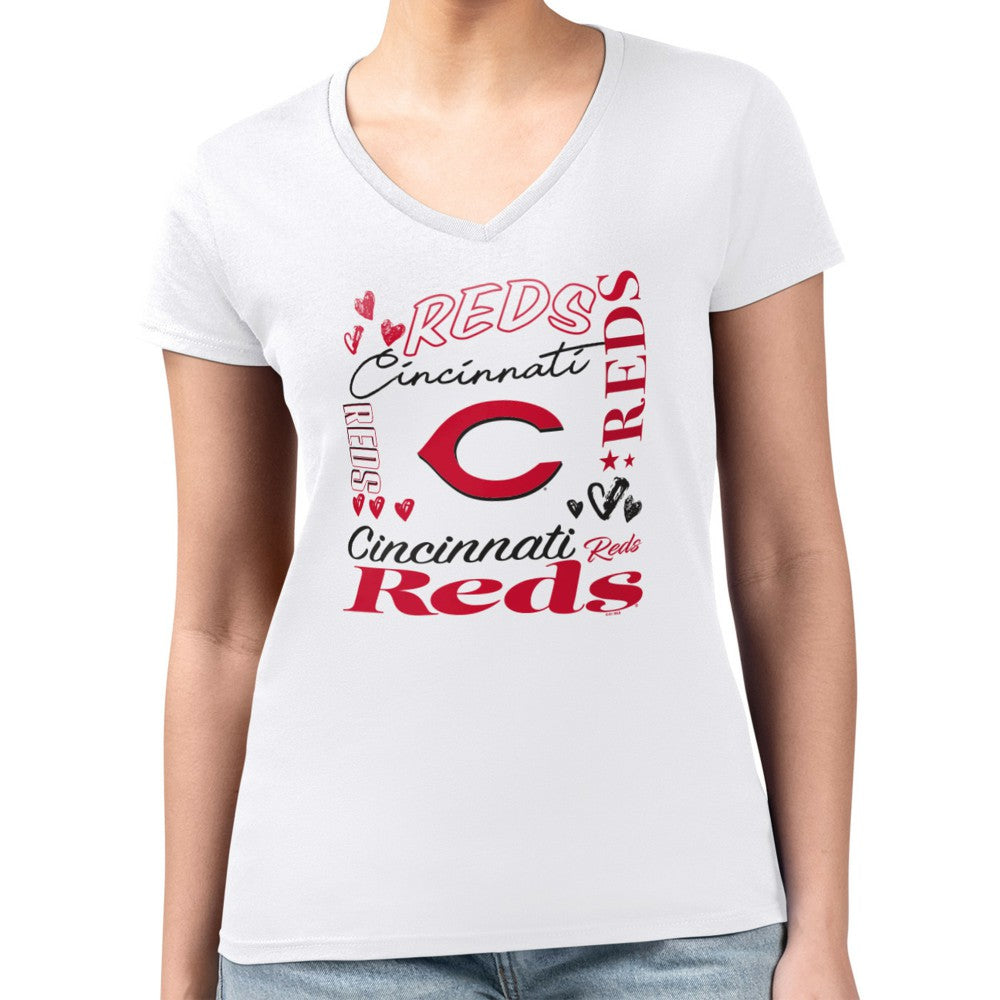 Cincinnati Reds G-III 4Her by Carl Banks Women's Super-Slim Fit Lightweight Collage Team Graphic V-Neck T-Shirt Near Me