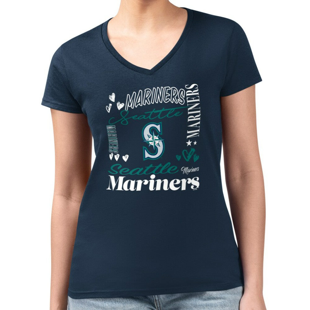 Seattle Mariners G-III 4Her by Carl Banks Women's Super-Slim Fit Lightweight Collage Team Graphic V-Neck T-Shirt Outlet