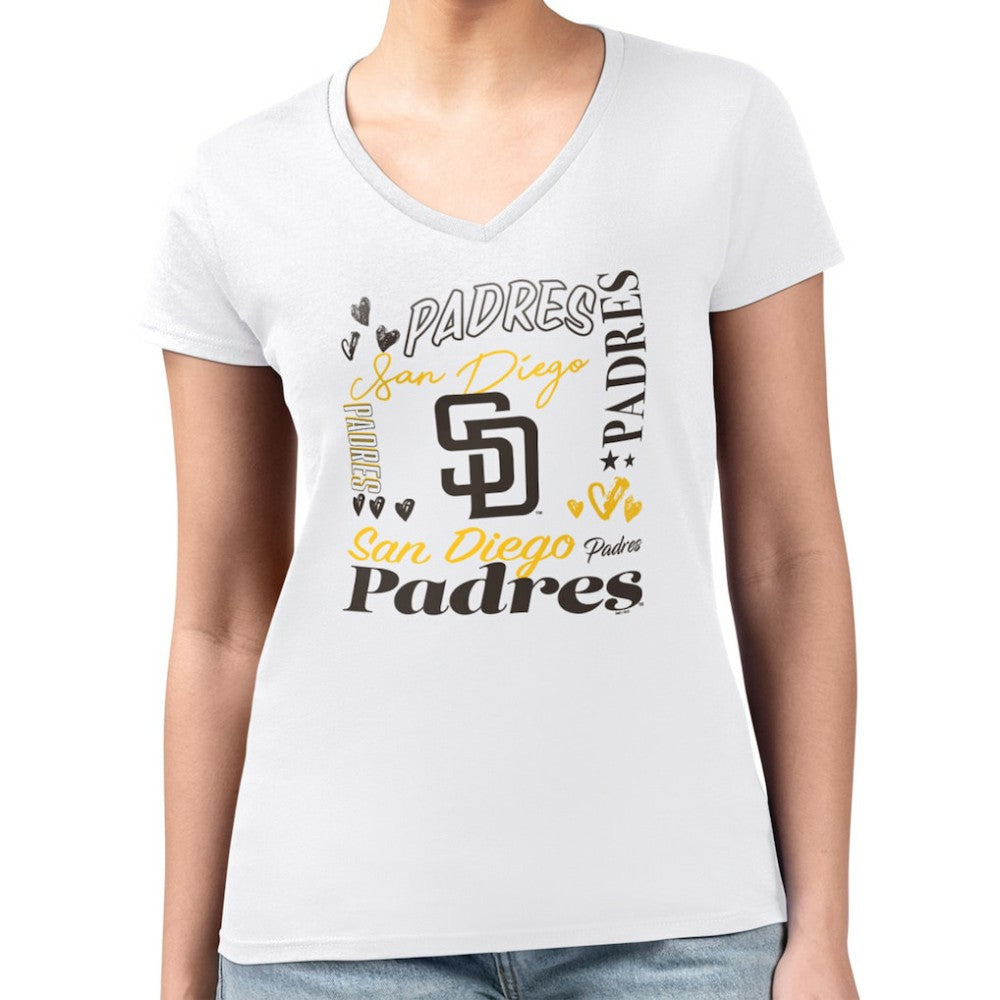 San Diego Padres G-III 4Her by Carl Banks Women's Super-Slim Fit Lightweight Collage Team Graphic V-Neck T-Shirt Sale