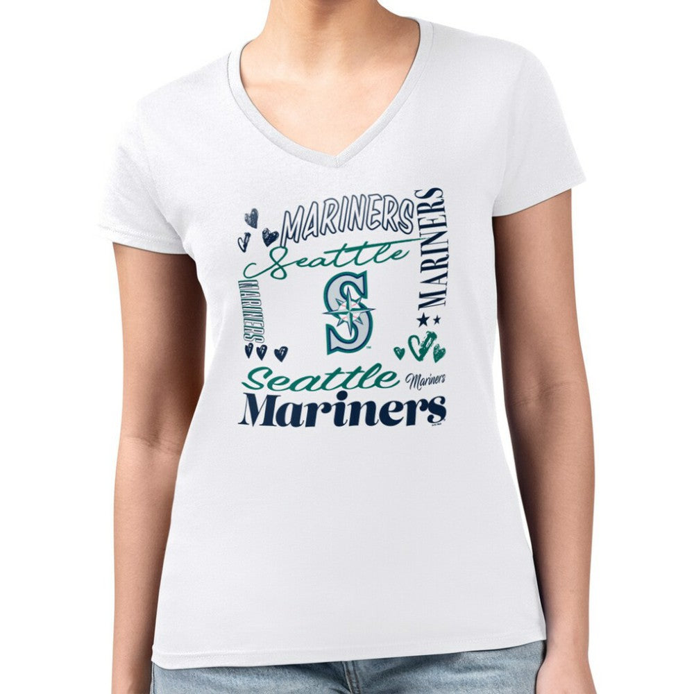 Seattle Mariners G-III 4Her by Carl Banks Women's Super-Slim Fit Lightweight Collage Team Graphic V-Neck T-Shirt Discount