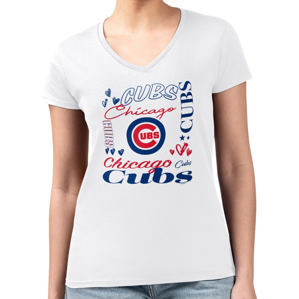 Chicago Cubs G-III 4Her by Carl Banks Women's Super-Slim Fit Lightweight Collage Team Graphic V-Neck T-Shirt Near Me