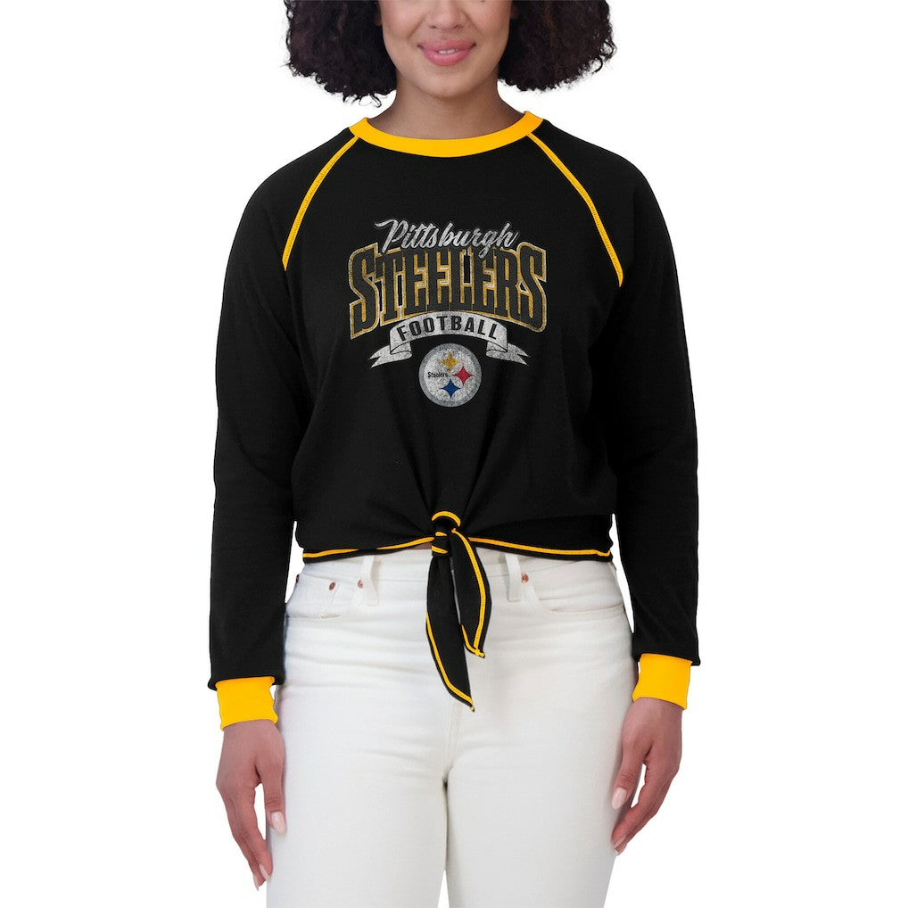 Pittsburgh Steelers WEAR by Erin Andrews Women's Tie-Front Long Sleeve Top - Black/Gold - NFL
