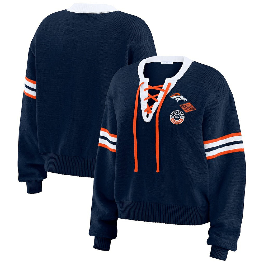 Denver Broncos WEAR by Erin Andrews Women's Lace-Up Pullover Sweatshirt - Navy - NFL