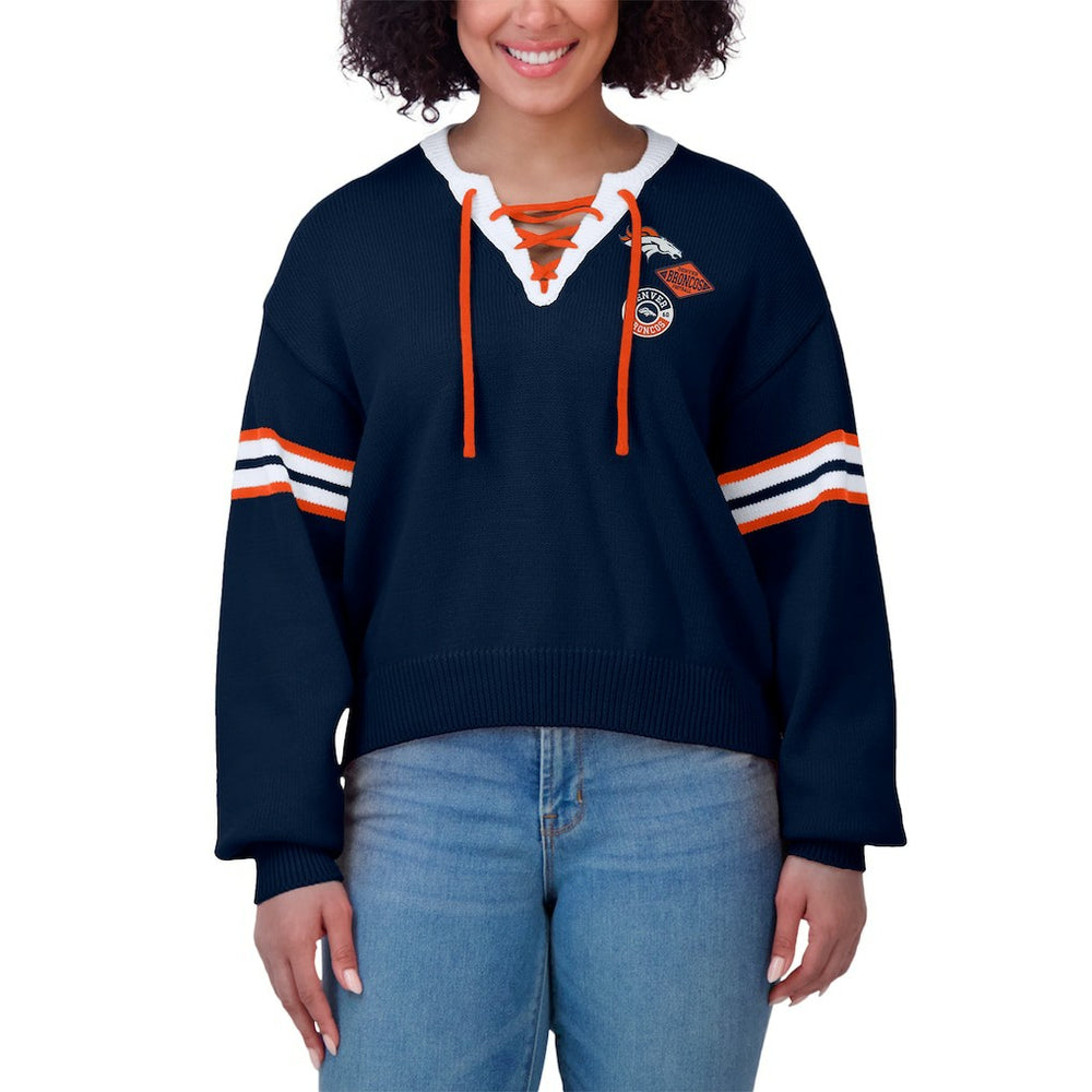 Denver Broncos WEAR by Erin Andrews Women's Lace-Up Pullover Sweatshirt - Navy - NFL