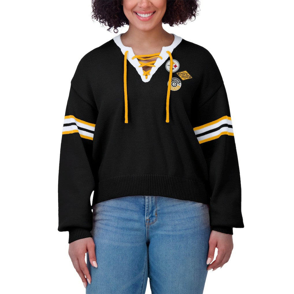 Pittsburgh Steelers WEAR by Erin Andrews Women's Lace-Up Pullover Sweatshirt - Black - NFL