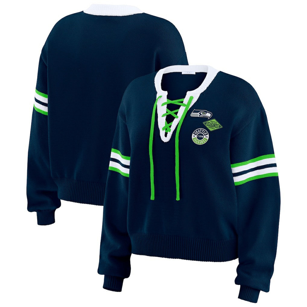Seattle Seahawks WEAR by Erin Andrews Women's Lace-Up Pullover Sweatshirt - Navy - NFL