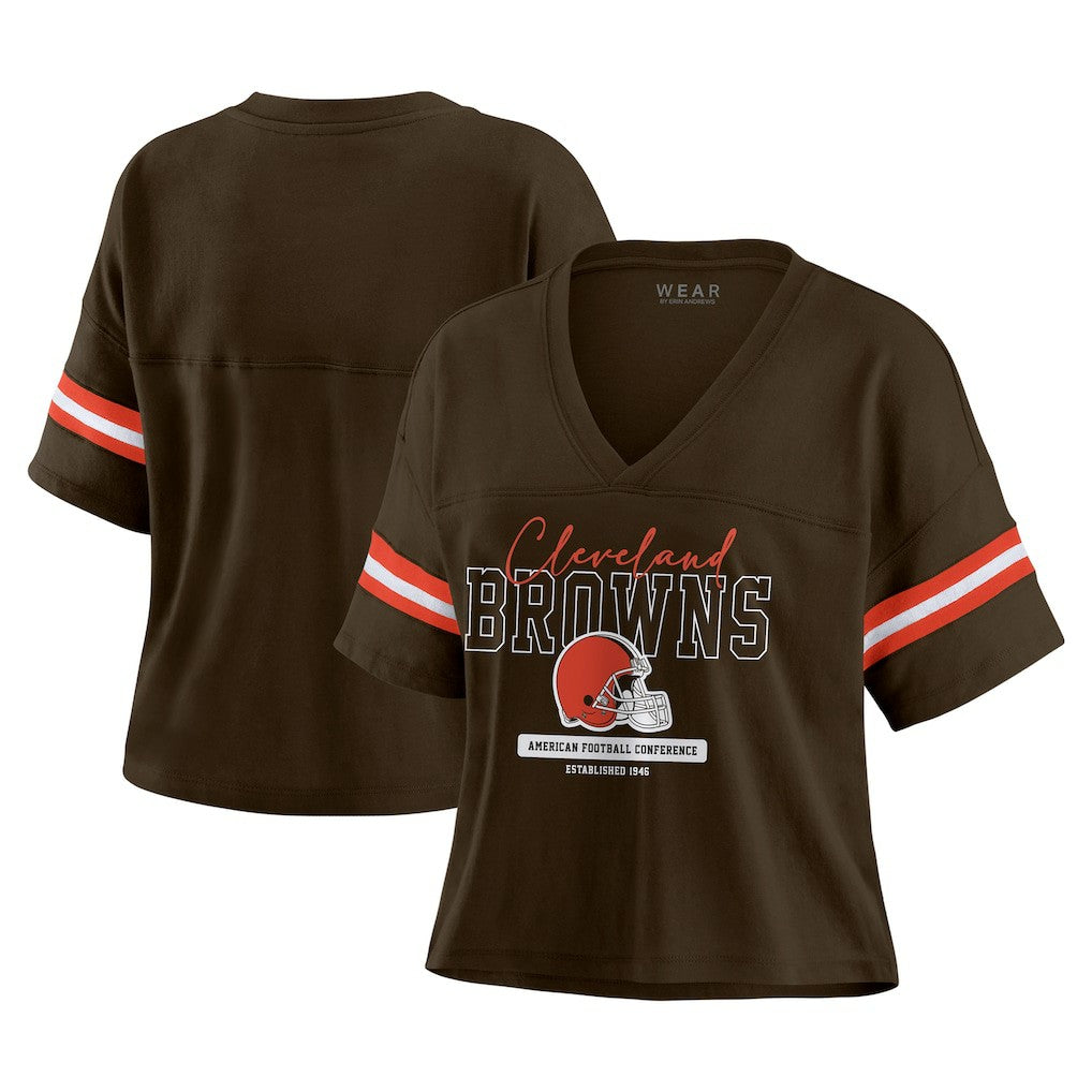 Cleveland Browns WEAR by Erin Andrews Women's Color Block Boxy Modest Crop V-Neck T-Shirt - Brown - NFL