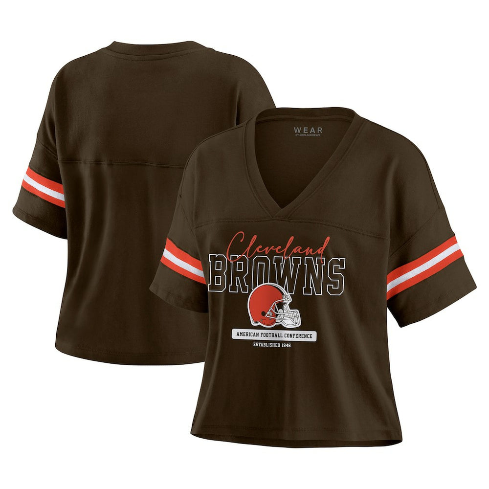 Cleveland Browns WEAR by Erin Andrews Women's Color Block Boxy Modest Crop V-Neck T-Shirt - Brown - NFL