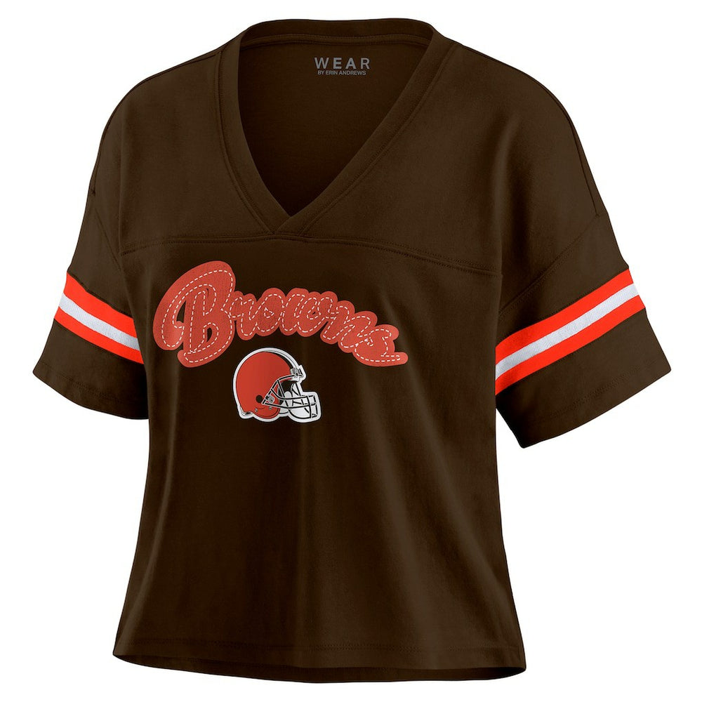 Cleveland Browns WEAR by Erin Andrews Women's Color Block Boxy Modest Crop V-Neck T-Shirt - Brown - NFL