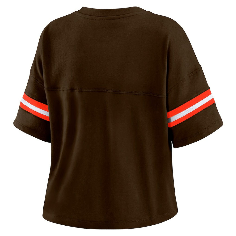 Cleveland Browns WEAR by Erin Andrews Women's Color Block Boxy Modest Crop V-Neck T-Shirt - Brown - NFL
