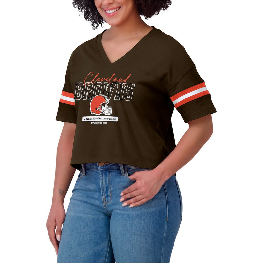 Cleveland Browns WEAR by Erin Andrews Women's Color Block Boxy Modest Crop V-Neck T-Shirt - Brown - NFL