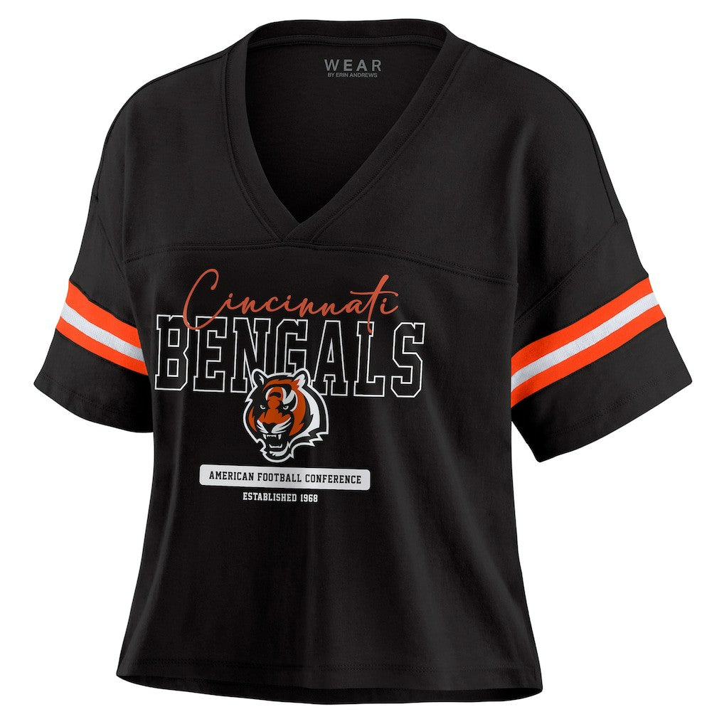 Cincinnati Bengals WEAR by Erin Andrews Women's Color Block Boxy Modest Crop V-Neck T-Shirt - Black - NFL