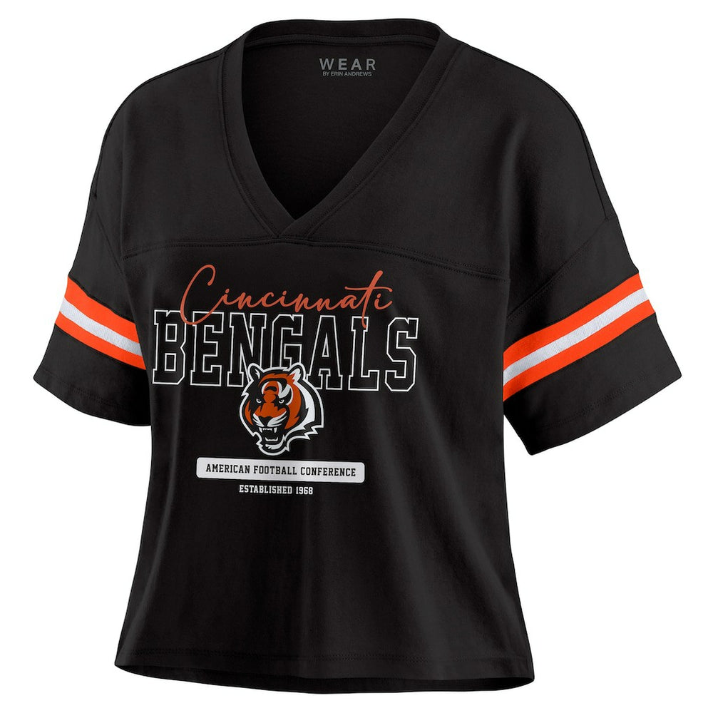 Cincinnati Bengals WEAR by Erin Andrews Women's Color Block Boxy Modest Crop V-Neck T-Shirt - Black - NFL