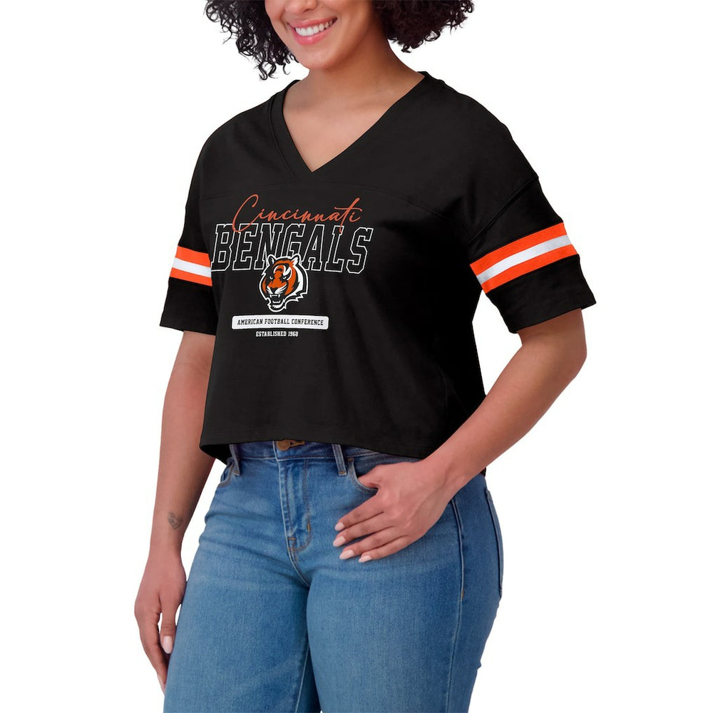Cincinnati Bengals WEAR by Erin Andrews Women's Color Block Boxy Modest Crop V-Neck T-Shirt - Black - NFL