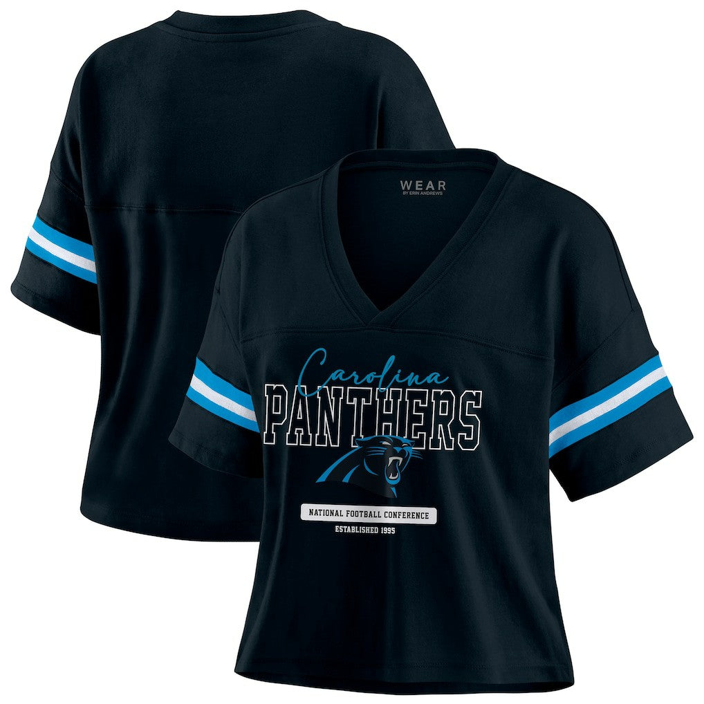 Carolina Panthers WEAR by Erin Andrews Women's Color Block Boxy Modest Crop V-Neck T-Shirt - Black - NFL