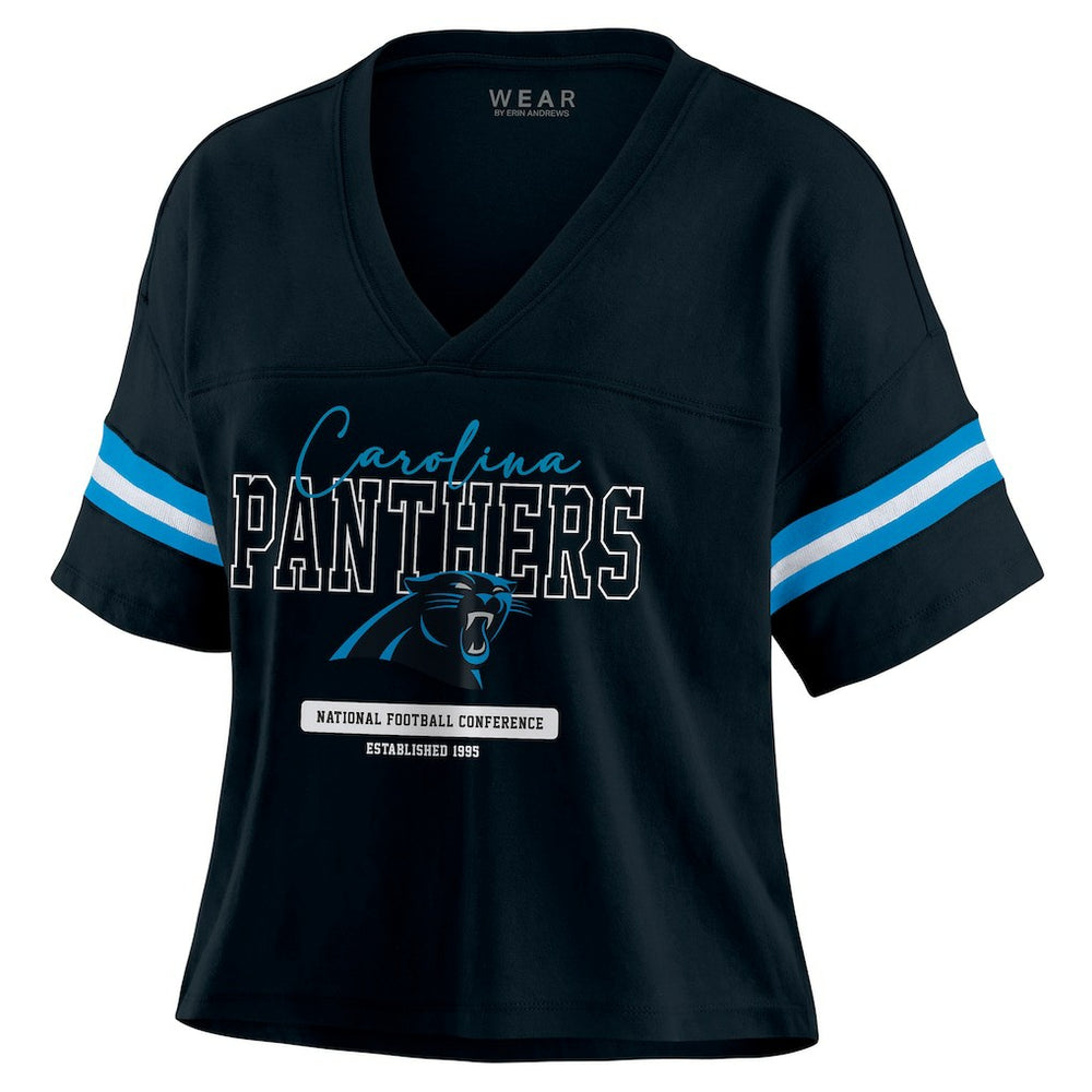 Carolina Panthers WEAR by Erin Andrews Women's Color Block Boxy Modest Crop V-Neck T-Shirt - Black - NFL