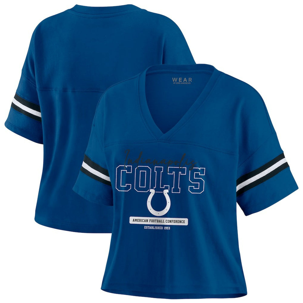 Indianapolis Colts WEAR by Erin Andrews Women's Color Block Boxy Modest Crop V-Neck T-Shirt - Royal - NFL