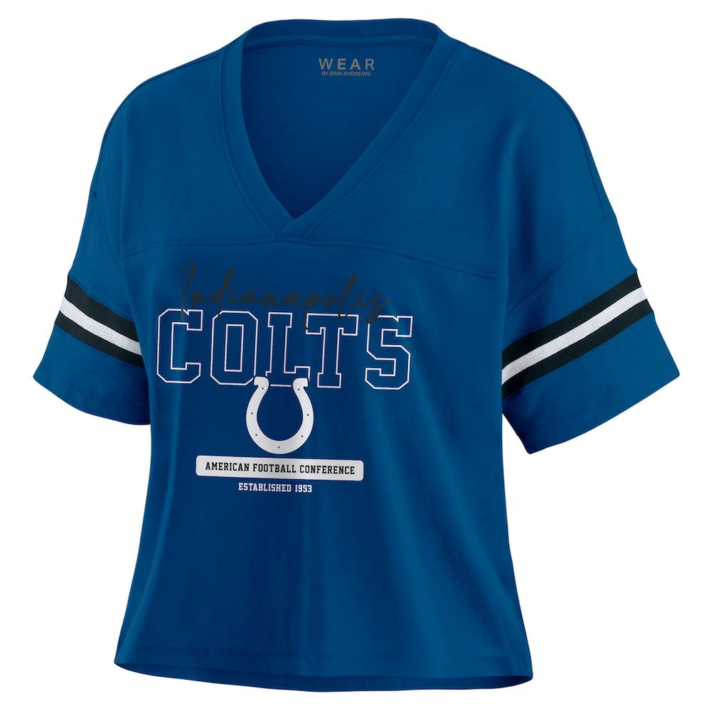 Indianapolis Colts WEAR by Erin Andrews Women's Color Block Boxy Modest Crop V-Neck T-Shirt - Royal - NFL
