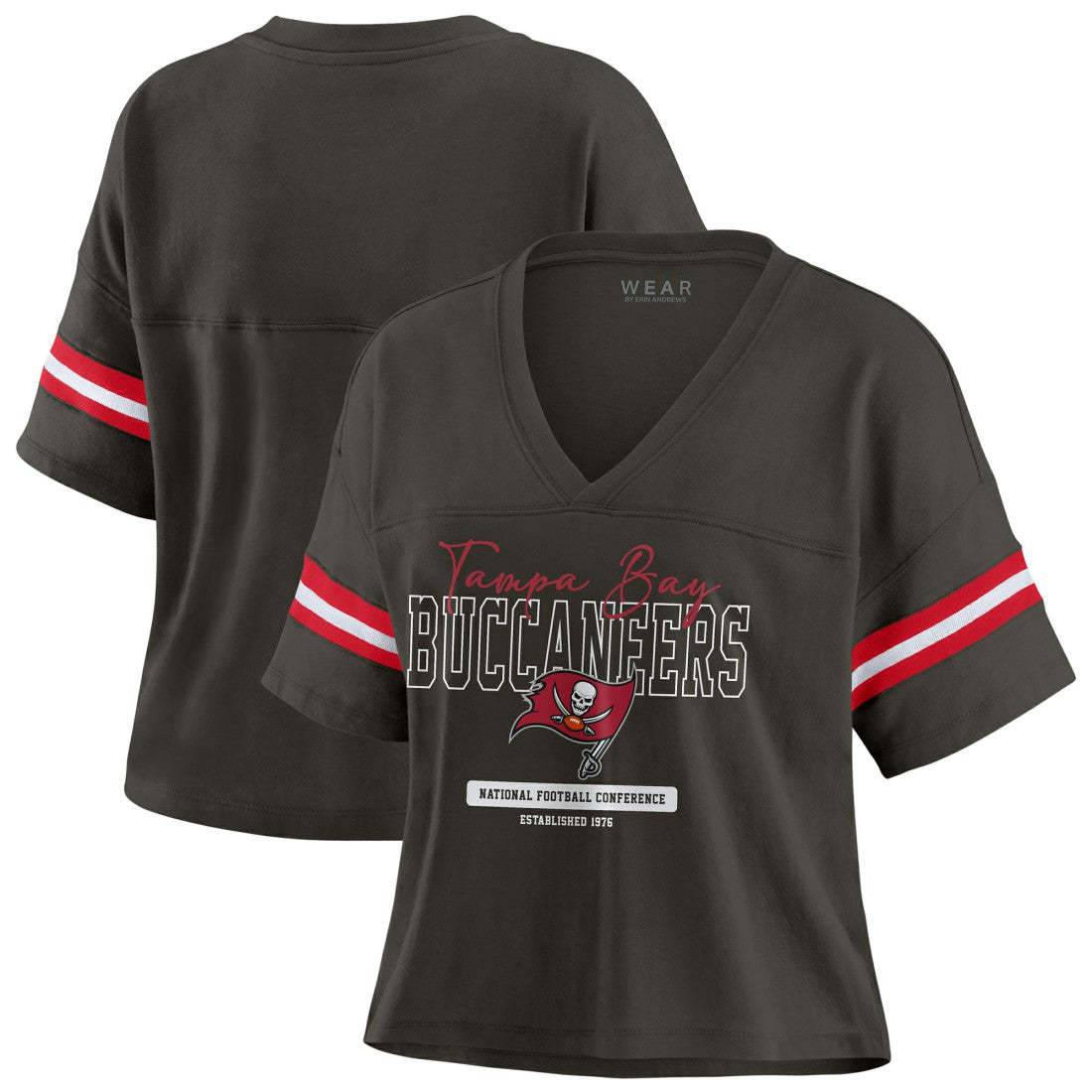 Tampa Bay Buccaneers WEAR by Erin Andrews Women's Color Block Boxy Modest Crop V-Neck T-Shirt - Orange - NFL