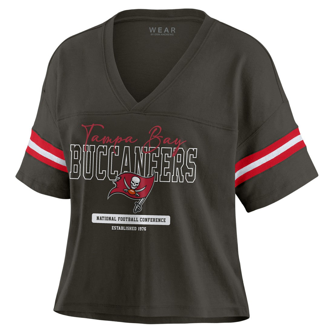 Tampa Bay Buccaneers WEAR by Erin Andrews Women's Color Block Boxy Modest Crop V-Neck T-Shirt - Orange - NFL