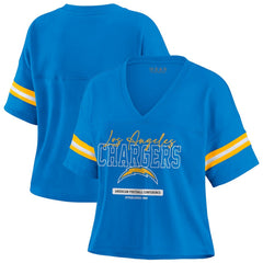 Los Angeles Chargers WEAR by Erin Andrews Women's Color Block Boxy Modest Crop V-Neck T-Shirt - Powder Blue - NFL