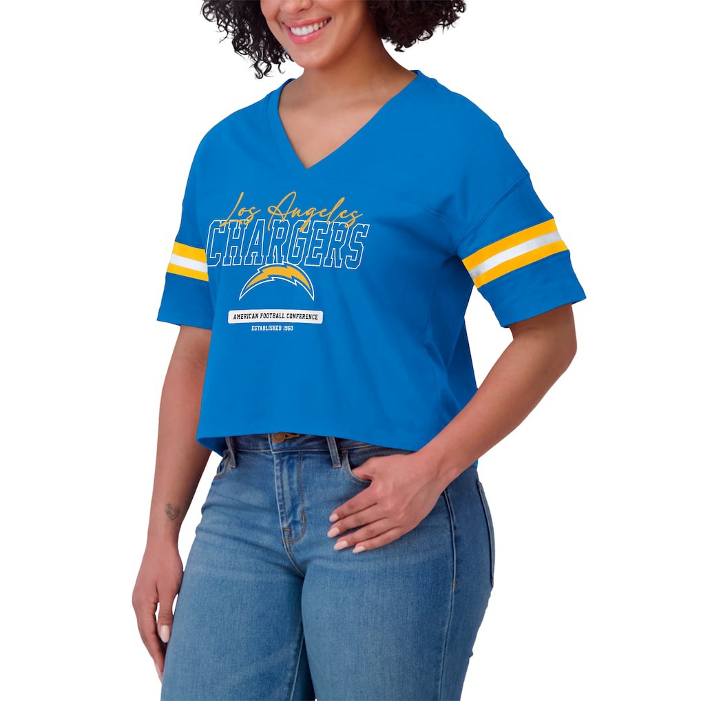 Los Angeles Chargers WEAR by Erin Andrews Women's Color Block Boxy Modest Crop V-Neck T-Shirt - Powder Blue - NFL
