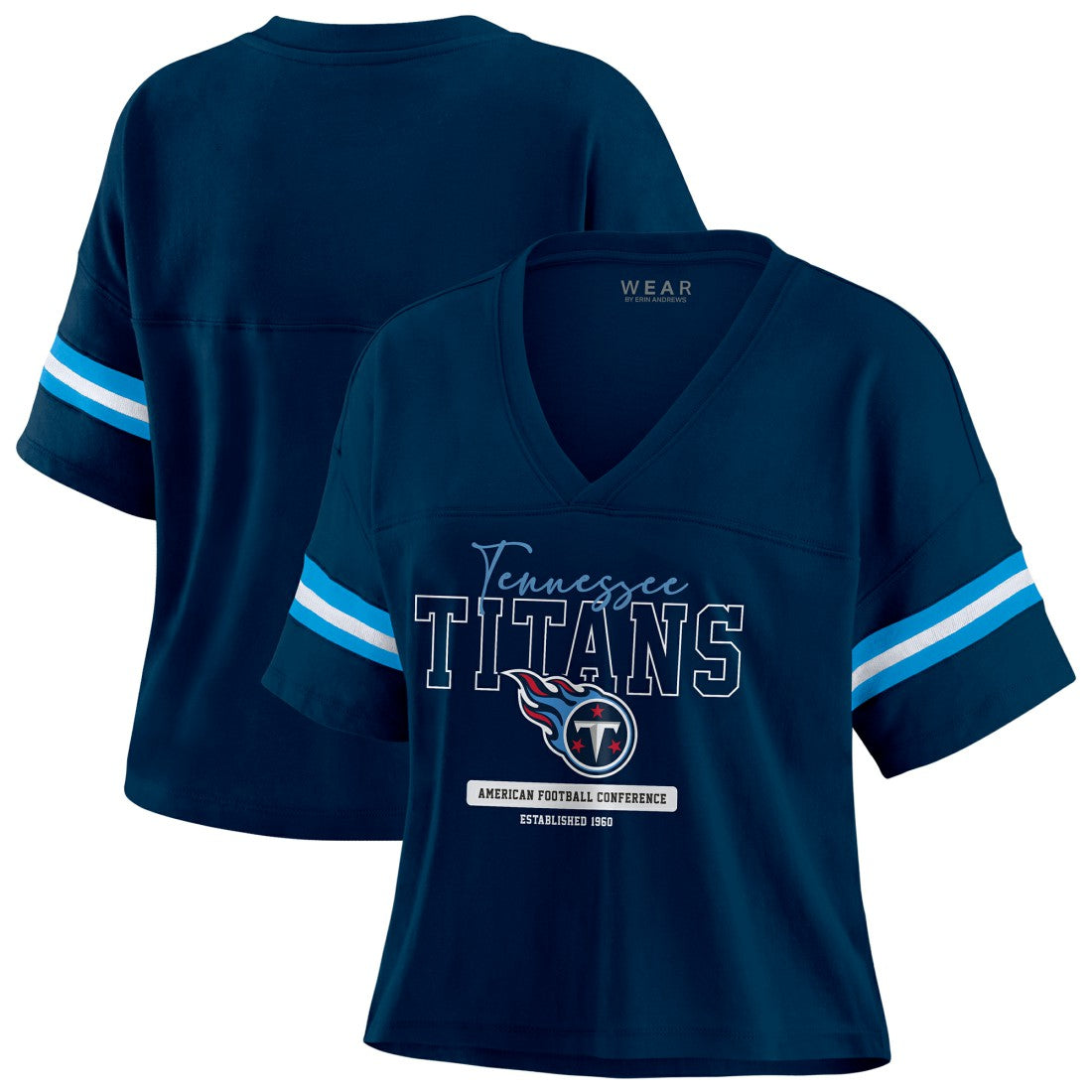 Tennessee Titans WEAR by Erin Andrews Women's Color Block Boxy Modest Crop V-Neck T-Shirt - Navy - NFL