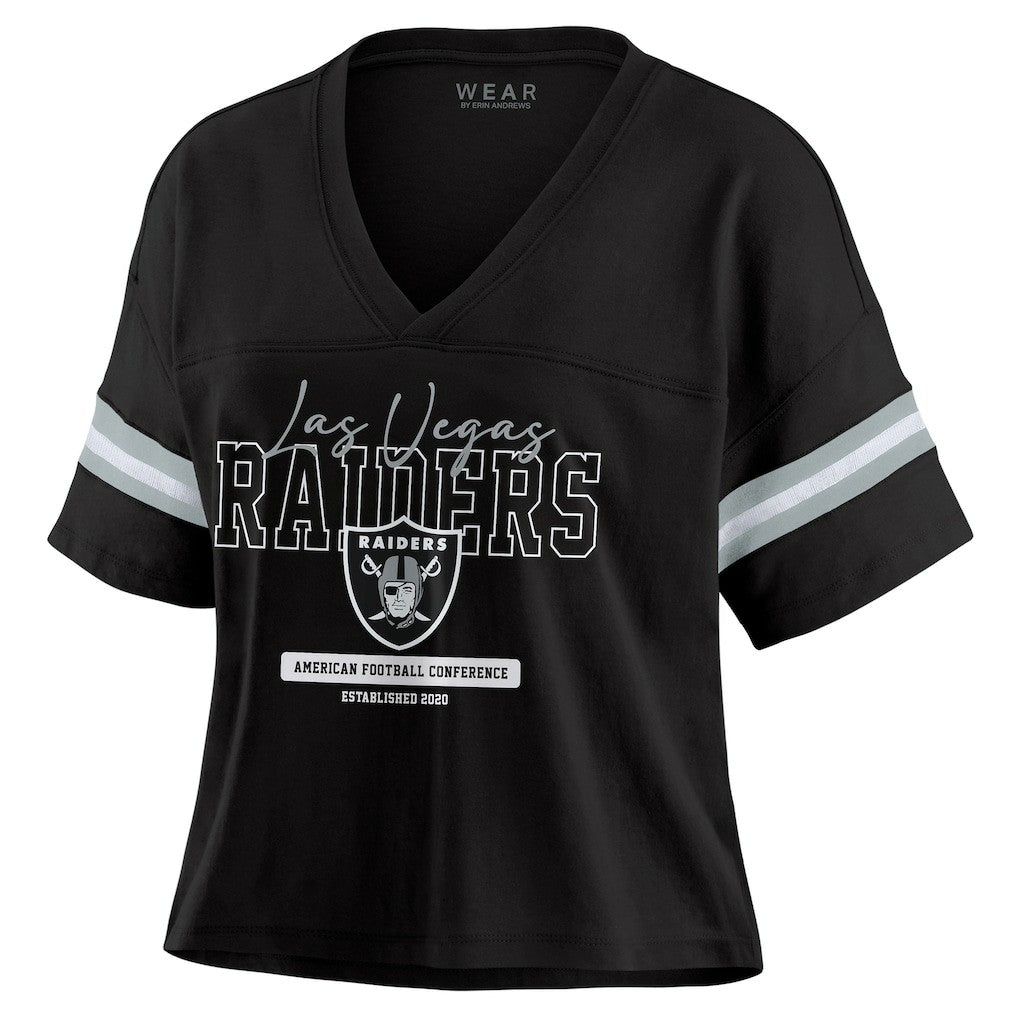 Las Vegas Raiders WEAR by Erin Andrews Women's Color Block Boxy Modest Crop V-Neck T-Shirt - Black - NFL