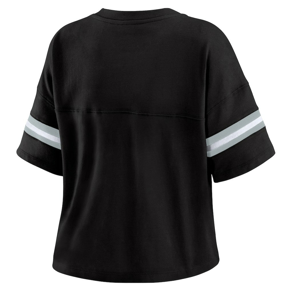 Las Vegas Raiders WEAR by Erin Andrews Women's Color Block Boxy Modest Crop V-Neck T-Shirt - Black - NFL