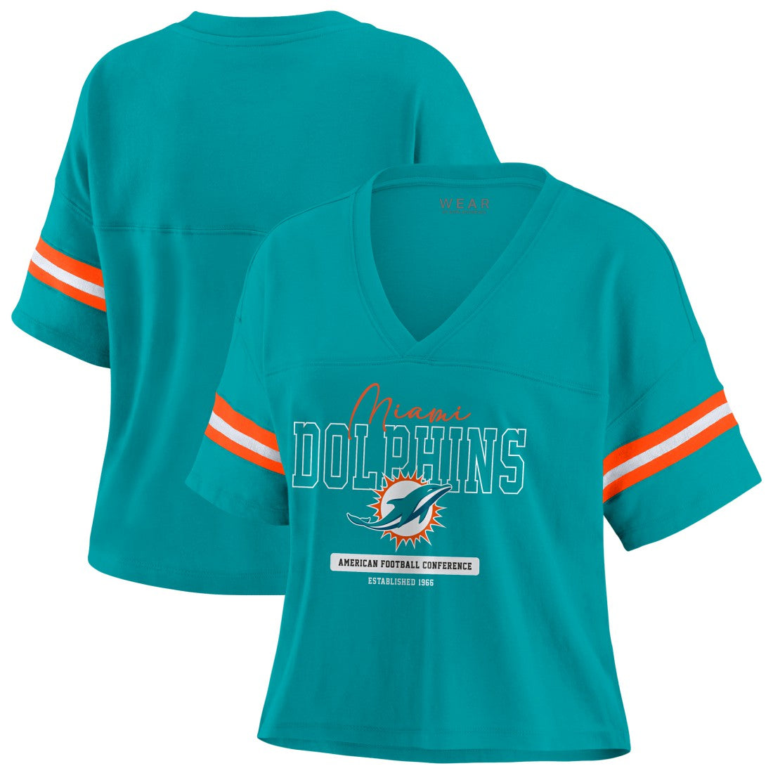 Miami Dolphins WEAR by Erin Andrews Women's Color Block Boxy Modest Crop V-Neck T-Shirt - Aqua - NFL