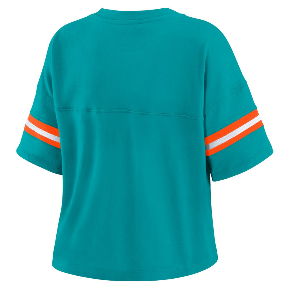 Miami Dolphins WEAR by Erin Andrews Women's Color Block Boxy Modest Crop V-Neck T-Shirt - Aqua - NFL