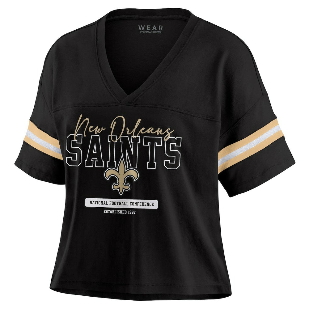 New Orleans Saints WEAR by Erin Andrews Women's Color Block Boxy Modest Crop V-Neck T-Shirt - Black - NFL