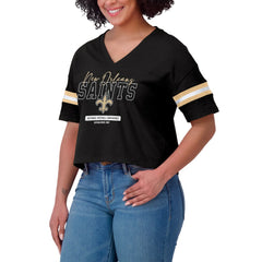 New Orleans Saints WEAR by Erin Andrews Women's Color Block Boxy Modest Crop V-Neck T-Shirt - Black - NFL