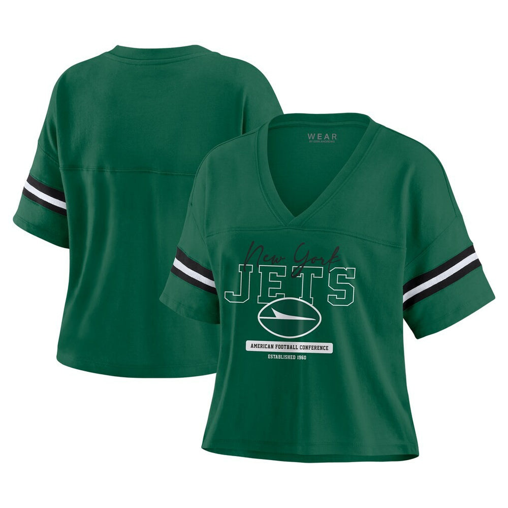 New York Jets WEAR by Erin Andrews Women's Color Block Boxy Modest Crop V-Neck T-Shirt - Green - NFL