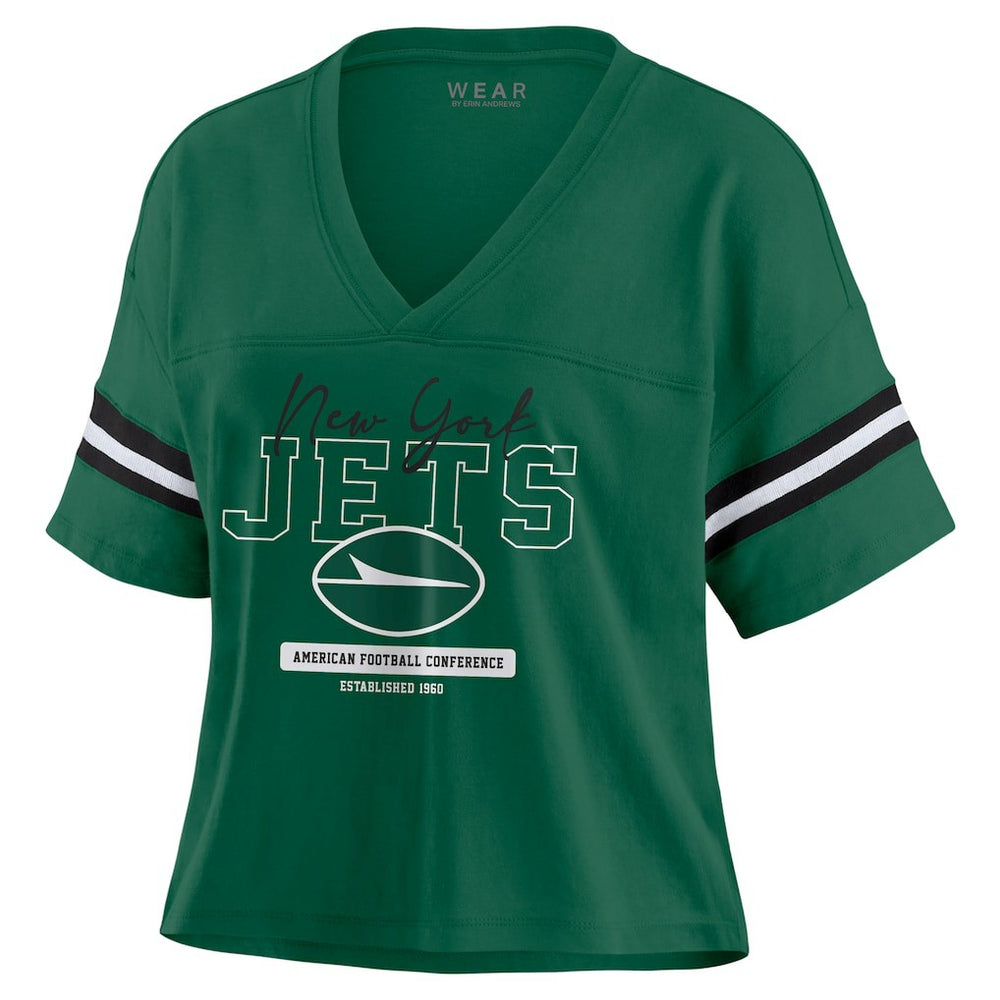 New York Jets WEAR by Erin Andrews Women's Color Block Boxy Modest Crop V-Neck T-Shirt - Green - NFL