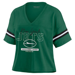 New York Jets WEAR by Erin Andrews Women's Color Block Boxy Modest Crop V-Neck T-Shirt - Green - NFL