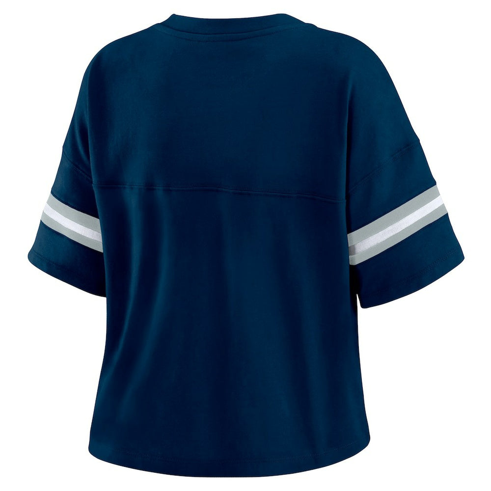 Dallas Cowboys WEAR by Erin Andrews Women's Color Block Boxy Modest Crop V-Neck T-Shirt - Navy - NFL