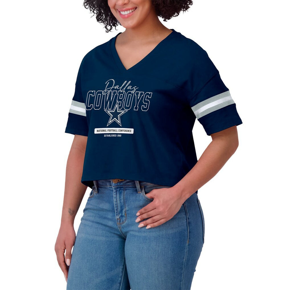 Dallas Cowboys WEAR by Erin Andrews Women's Color Block Boxy Modest Crop V-Neck T-Shirt - Navy - NFL