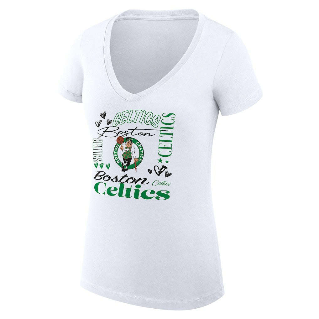 Boston Celtics G-III 4Her by Carl Banks Women's Super-Slim Fit Lightweight Team Name Collage Graphic V-Neck T-Shirt White