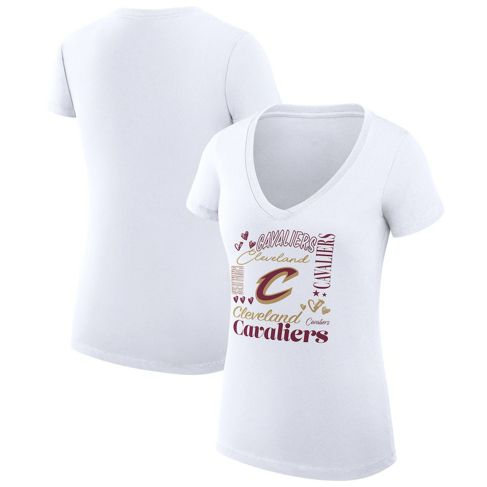 Cleveland Cavaliers G-III 4Her by Carl Banks Women's Super-Slim Fit Lightweight Team Name Collage Graphic V-Neck T-Shirt White