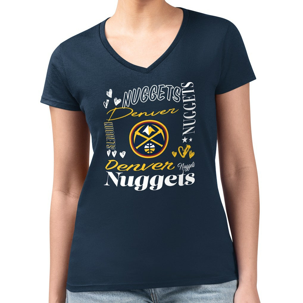 Denver Nuggets G-III 4Her by Carl Banks Women's Super-Slim Fit Lightweight Team Name Collage Graphic V-Neck T-Shirt Navy