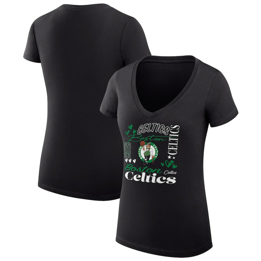 Boston Celtics G-III 4Her by Carl Banks Women's Super-Slim Fit Lightweight Team Name Collage Graphic V-Neck T-Shirt Black