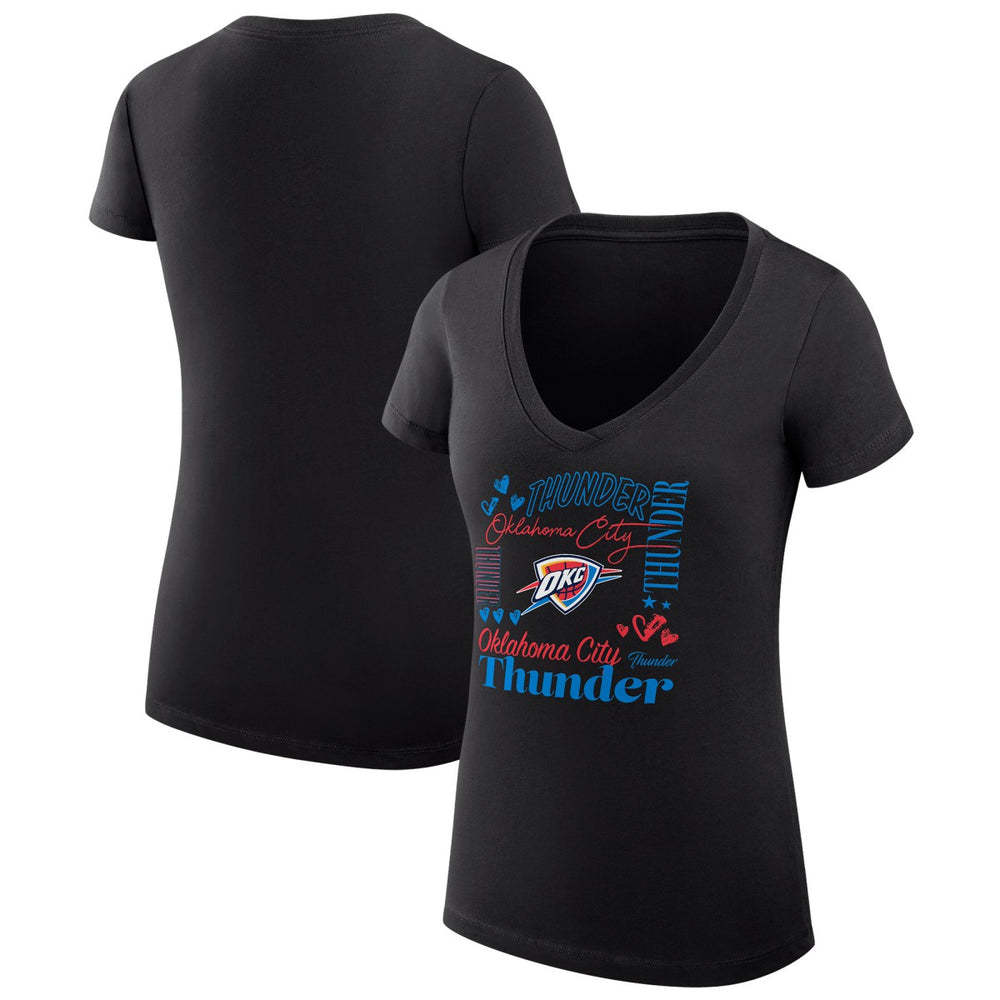 Oklahoma City Thunder G-III 4Her by Carl Banks Women's Super-Slim Fit Lightweight Team Name Collage Graphic V-Neck T-Shirt Black