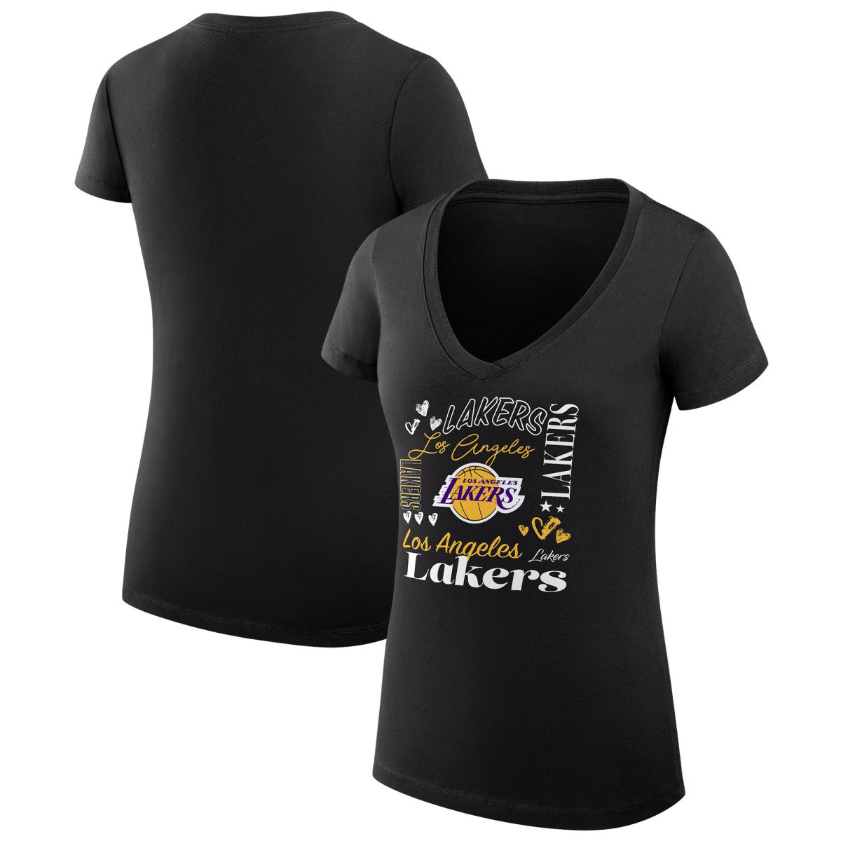 Los Angeles Lakers G-III 4Her by Carl Banks Women's Super-Slim Fit Lightweight Team Name Collage Graphic V-Neck T-Shirt Black