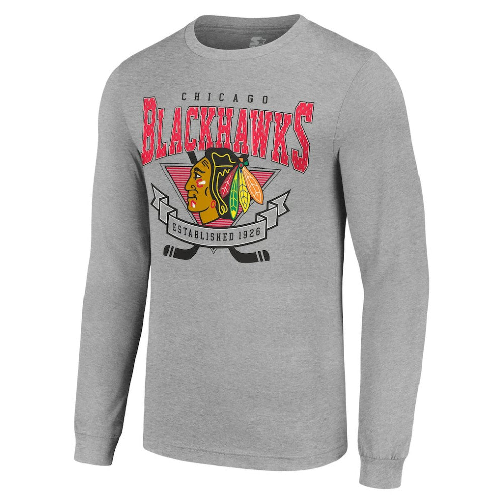Chicago Blackhawks Starter '80s Inspired Team Logo Long Sleeve T-Shirt - Heather Gray | NHL Lifestyle