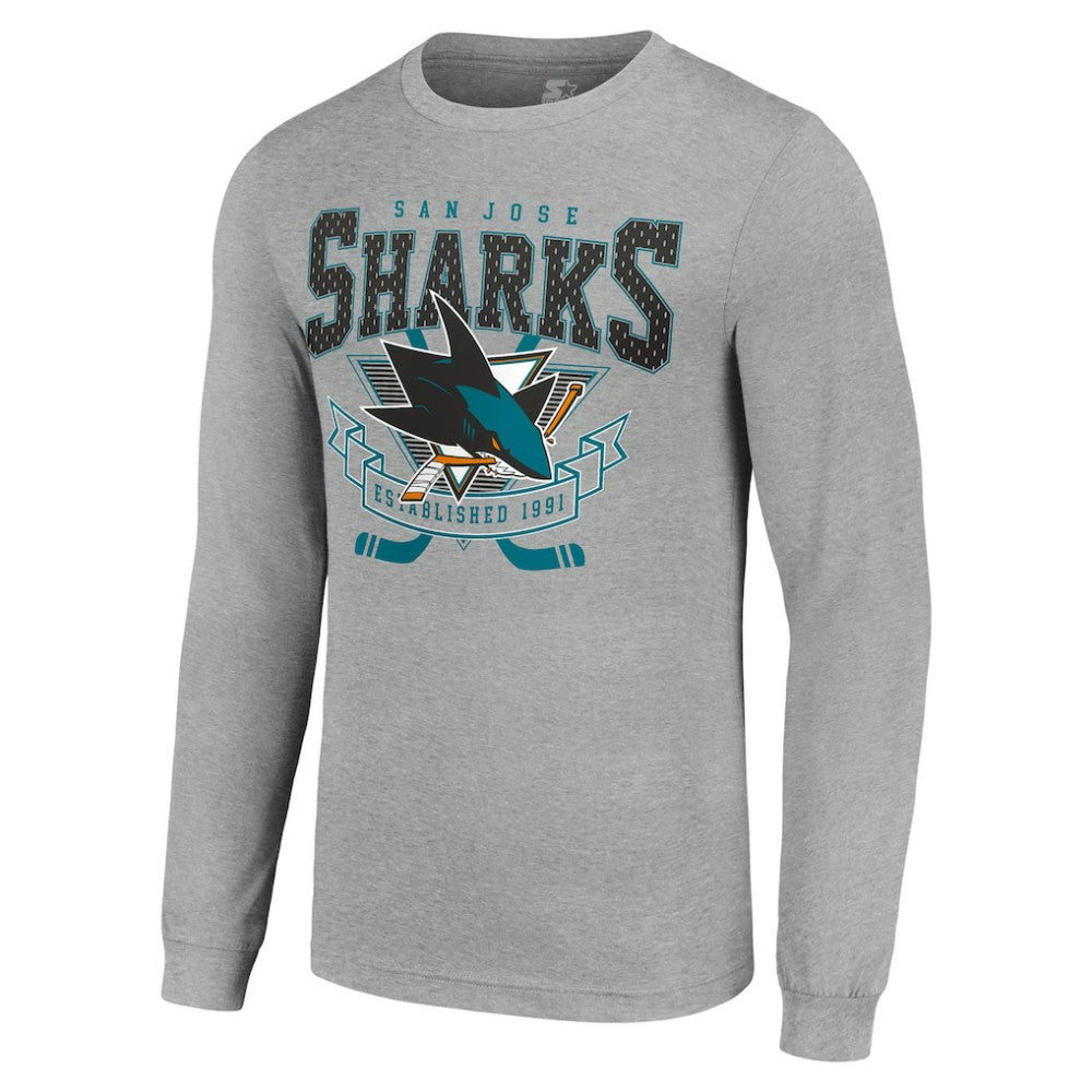 San Jose Sharks Starter '80s Inspired Team Logo Long Sleeve T-Shirt - Heather Gray | NHL Clearance