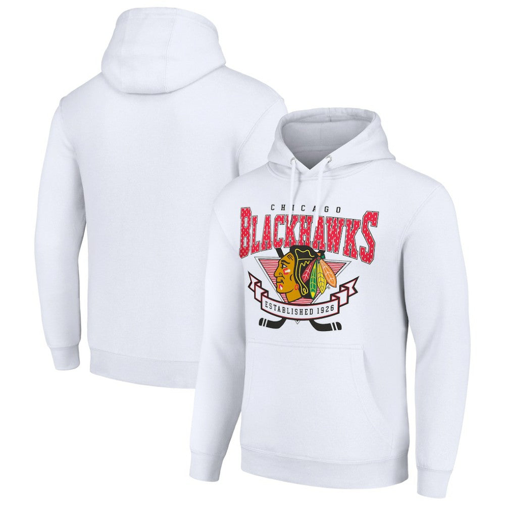 Chicago Blackhawks Starter Team Logo Graphic Fleece Tri-Blend Pullover Hoodie - White | NHL Lifestyle